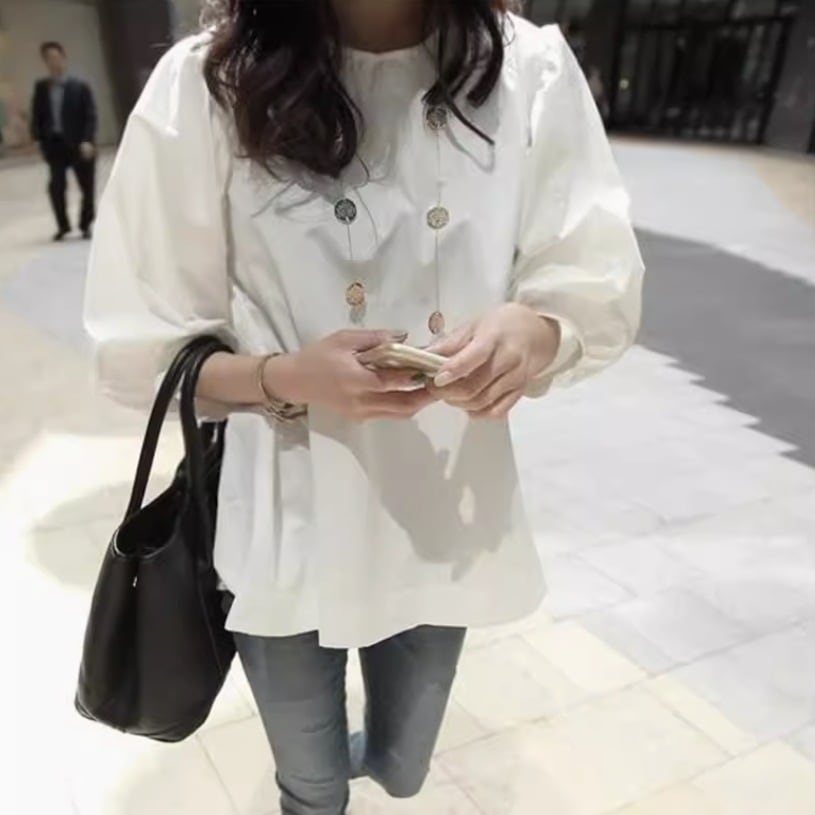 レディース トップス シャツ ブラウス 7分袖 パフスリーブ ラウンドネック 襟なし ノーカラー ワイド 裾ワイド 薄手 かわいい 大人可愛い きれいめ シンプル カジュアル 上品 おしゃれ