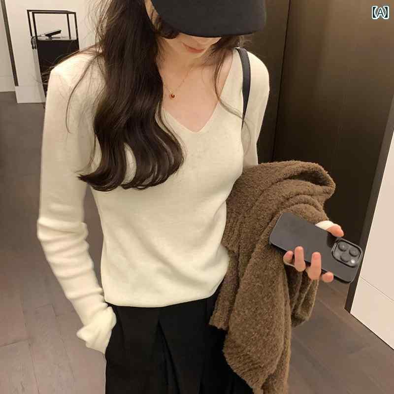 シャツ セーター レディース おしゃれ Vネック ウール インナー セーター 秋冬 スリムフィット 細 針 薄手 ソフト ワックス ボトム 長袖 セーター 5,080円