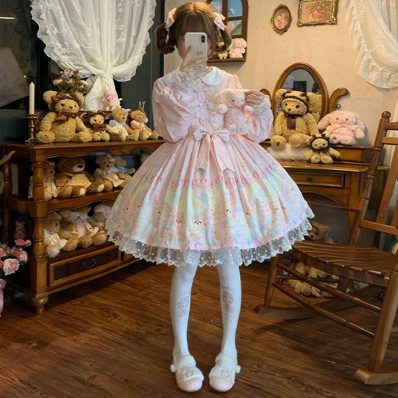 【3日出荷】 ロリータ ワンピース 長袖 小熊 キャンディ 甘ロリ 可愛い ドレス レディース フォーマル