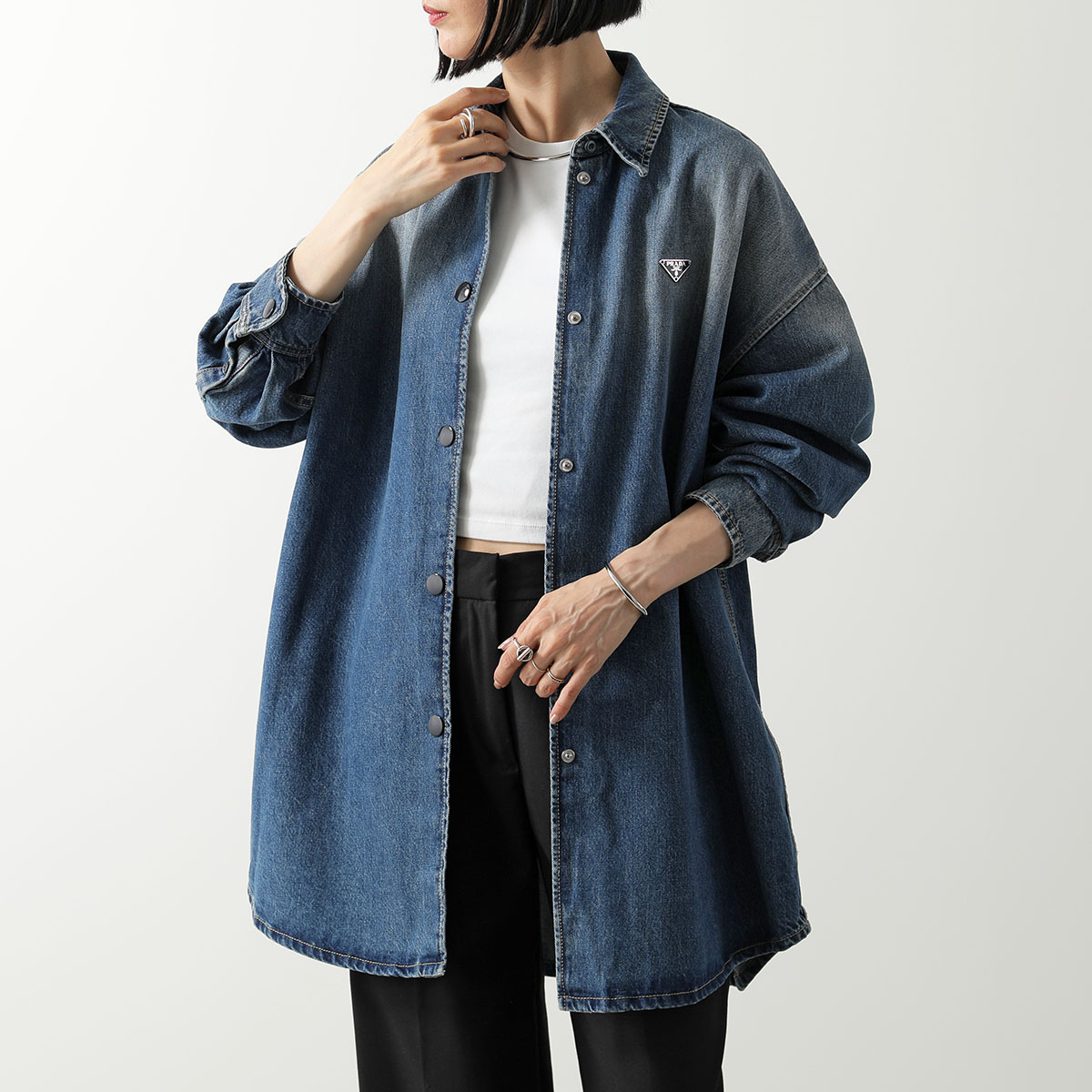 PRADA プラダ デニムジャケット GFC060 16PK レディース コットン Gジャン ミドル丈 トライアングルロゴ GFC06016PKF0V3N