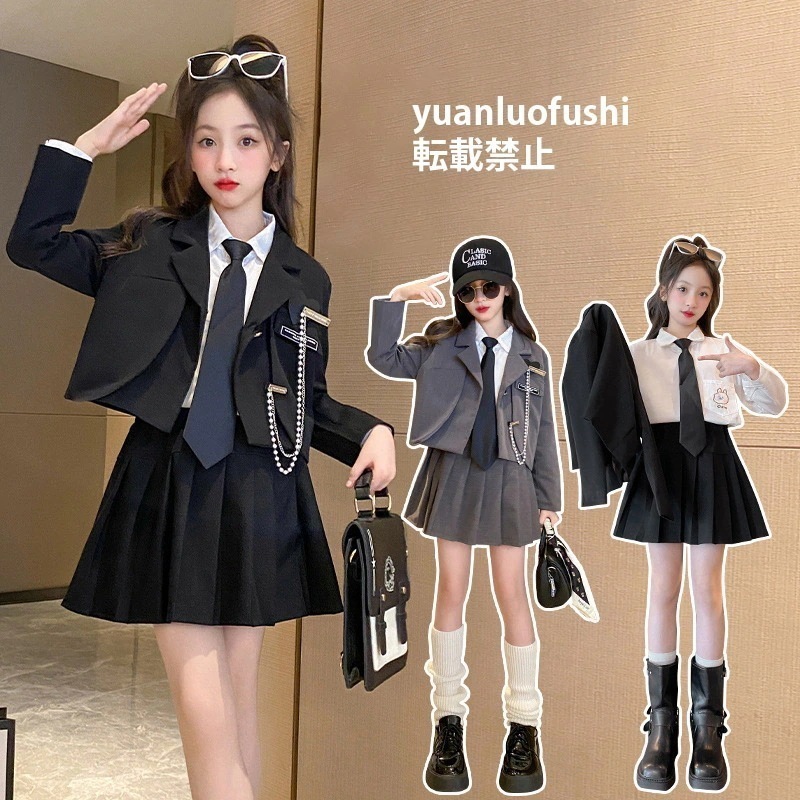 セットアップ レディース 4点セット 長袖 制服 ジャケット シャツ スカート リボン 卒業式 女子 子供 スーツ 小学校 卒服 韓国ファッション 女の子 お受験 プリーツスカート きれいめ 学生服
