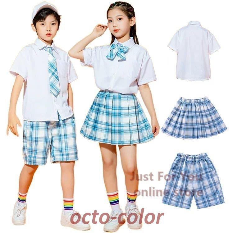キッズダンス衣装 セットアップ 子供服 女の子 ワイシャツ 半袖 スカート パンツ チェック柄 ネクタイ付き 男の子 ダンス衣装 ヒップホップ 衣装 ストリート JK