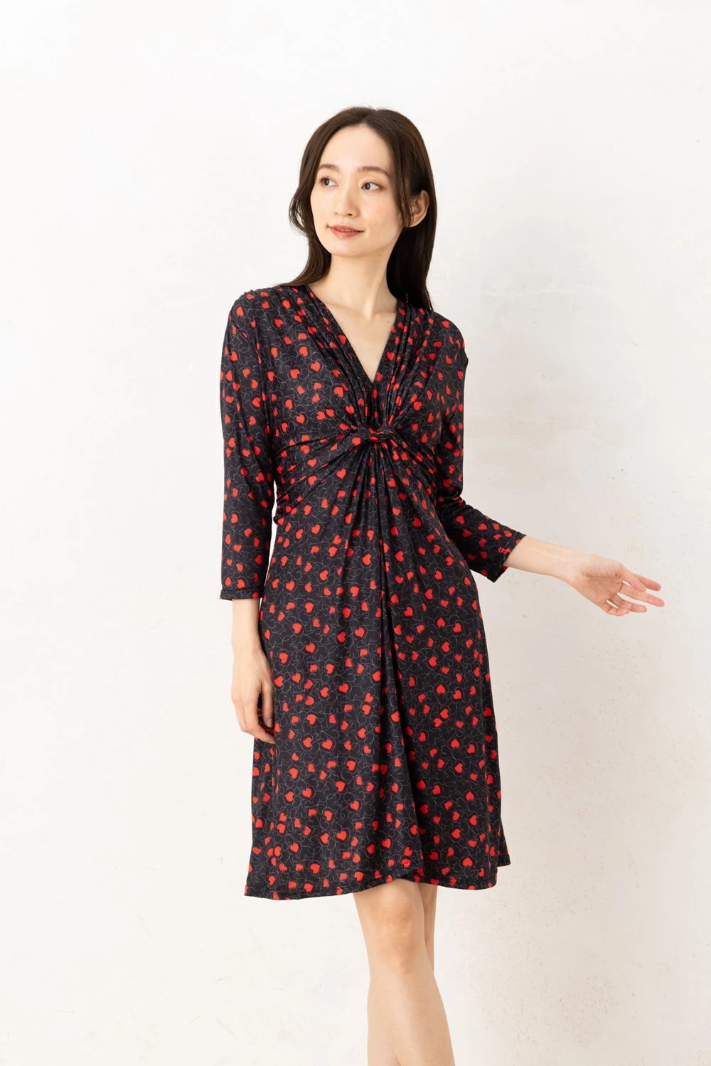 フィフィーユ(FIFILLES)ワンピース T1 T2 T3サイズ 七分袖 膝丈 Vネック ハート柄 ジャージー生地 レディース フランス製 ワンピース ブラック