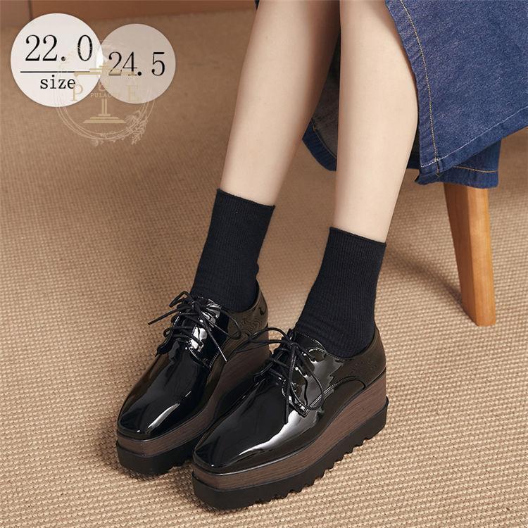 ローファー パンプス ブーティ プラットフォームシューズ 厚底スニーカー レディース エナメル シューズ ウェッジソール レースアップ 黒 厚底 靴 学生靴 5,454円