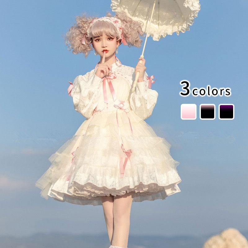 ロリータワンピース ワンピース ロリータドレス 長袖 全3色　甘ロリ リボン 上品 エレガント おしゃれ 原宿 ガーリー 可愛い 春秋冬