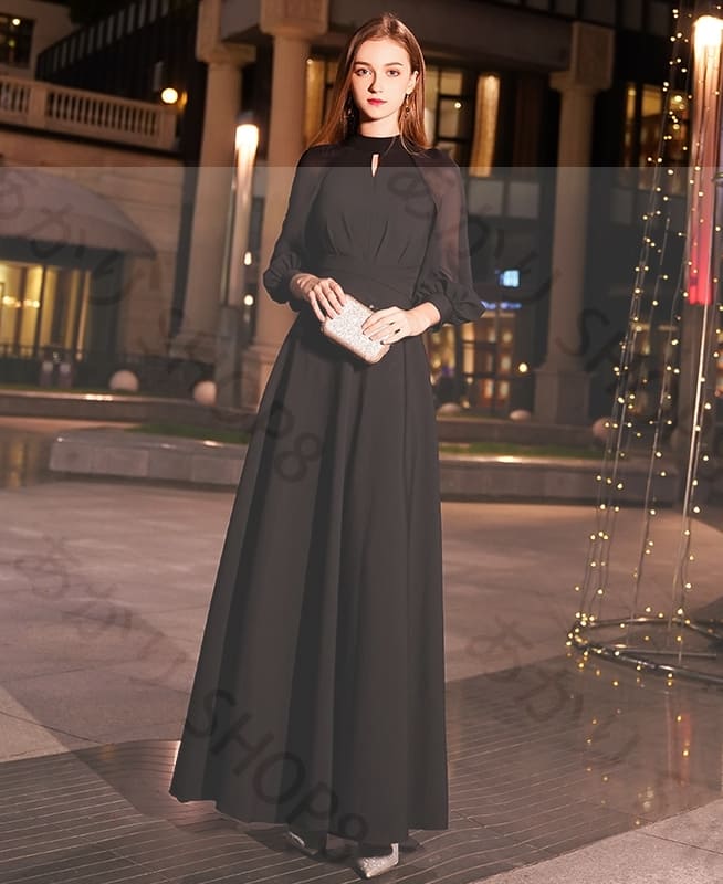 コスパ最高パーティードレス ロング 袖あり 長袖 ロングドレス 黒 結婚式 お呼ばれ ドレス 演奏会 大きいサイズ 3L 袖付き スタンドカラー フォーマルワンピース シースルー 肌見せ 透け感 ボリ