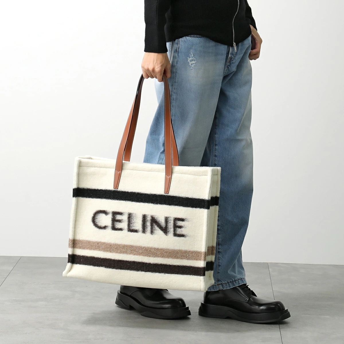 CELINE セリーヌ トートバッグ LARGE CABAS ラージ カバ 118862GCU.01EA メンズ ストライプ テキスタイル ジャカード ロゴ 鞄 Ecru/Black