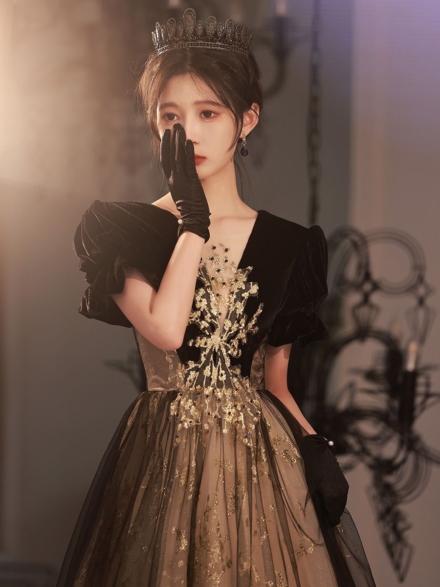 黒のイブニングドレス 女性 2023年 エレガント 宴会 気質 感 美術検定 成人式 母の日