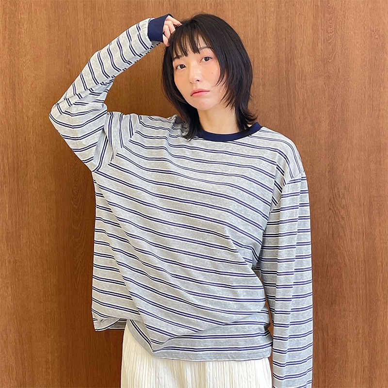 ストライプビスケット 長袖Tシャツ (グレー)
