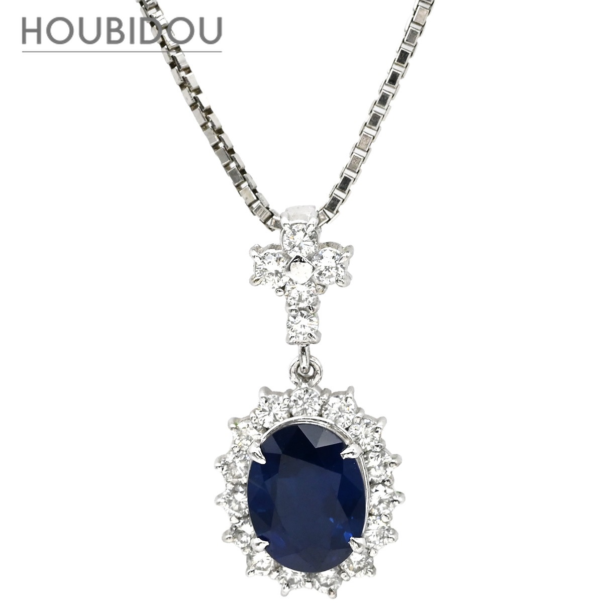 ネックレス ブルーサファイア 2.26ct ダイヤ 0.65ct ブルー×プラチナシルバー Pt900 プラチナ 青 ヘイロー クロス 十字架 オーバル ベネチアン 【中古】