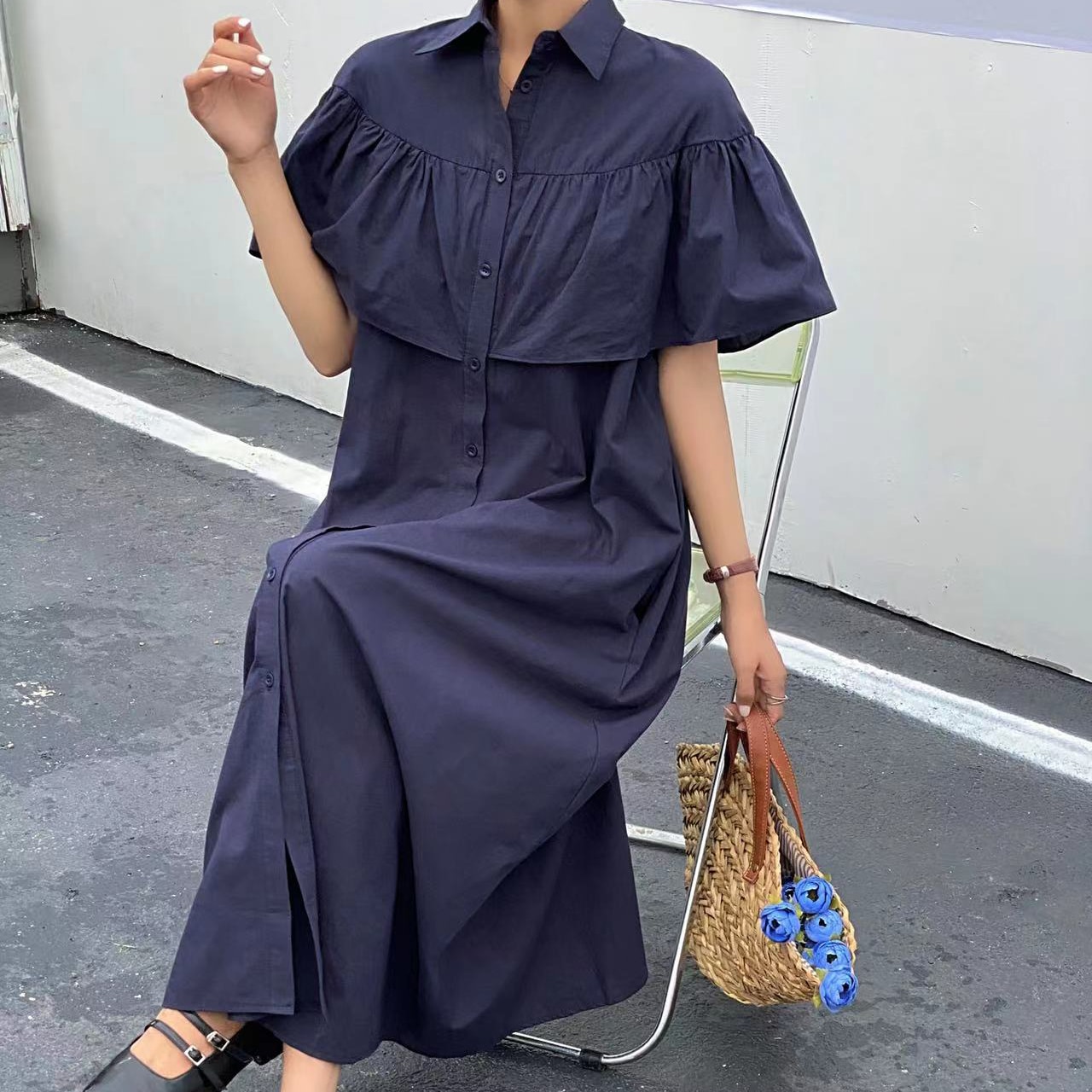 OH0081 フリルケープ ロングワンピース 4色