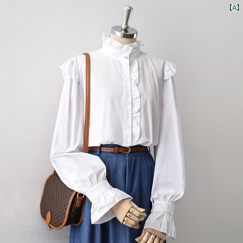 レディース シャツ ブラウス 長袖 春秋 ベルスリーブ フリル 立ち襟 個性的な韓国スタイル 白 シングルブレスト フレアスリーブ おしゃれかわいい エレガント フェミニン モード スタイリッシュ
