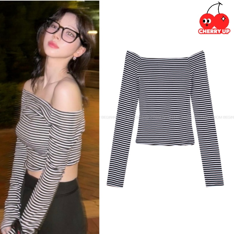 [カリナ着用]ストライプ オフショルダー スリムTシャツ ブラック(black)1個オフショルダーティー 5,223円