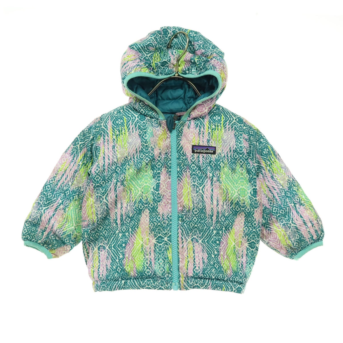 リバーシブル 総柄 ワンポイントロゴ 長袖 ダウンジャケット グリーン系 品番61371 キッズ 古着