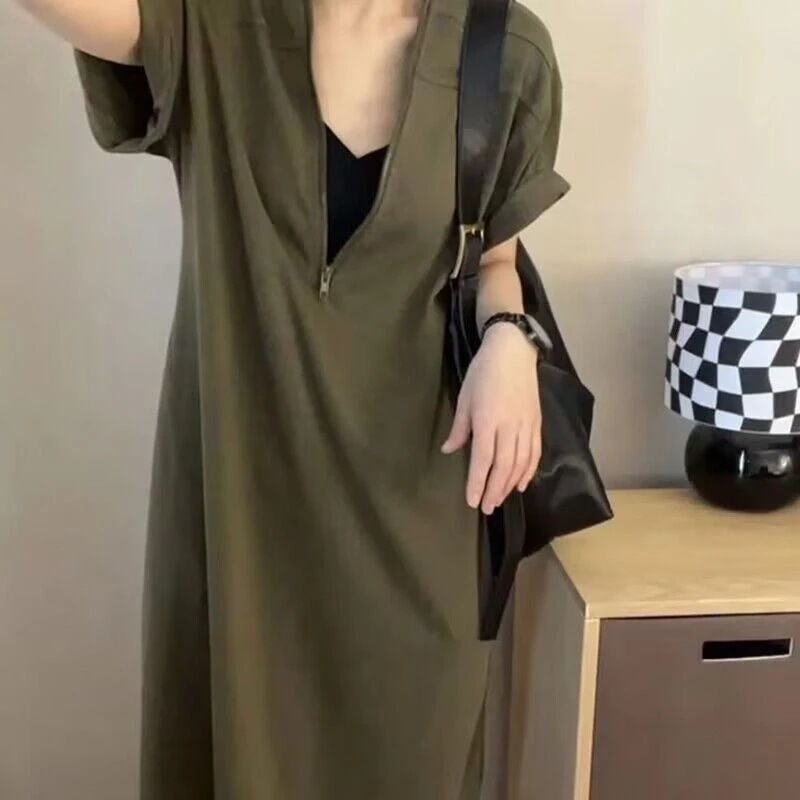 用復古ヘボン風 感ファスナーワンピース 女性用 ビッグサイズ 豊満体型向け ゆったりフィット 見た目痩せる お腹カバー カジュアルミディ丈