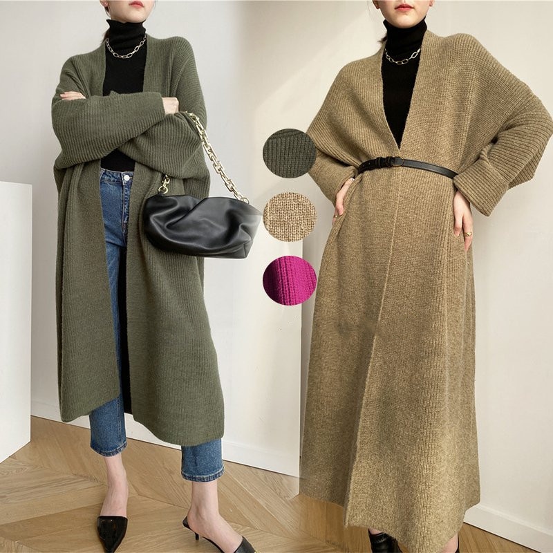 ニットカーディガン マキシ カーディガン ロング チュニック 羽織り レディース 体型カバー OL風