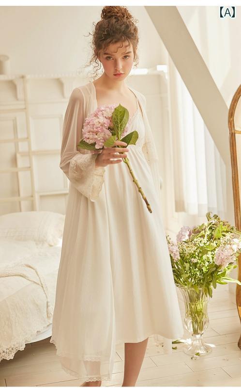 ネグリジェ レディース 宮廷風 長袖レーシーガウン シフォン キャミワンピース ２点セット ドレス ローブ 透け感 ルーム ナイト ホームウェア