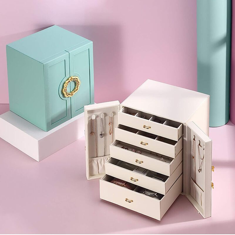 両開きの多収納ジュエリーボックス おしゃれ かわいい ジュエリーケース 大容量 イヤリングケース ホワイト ブルー オレンジピンク
