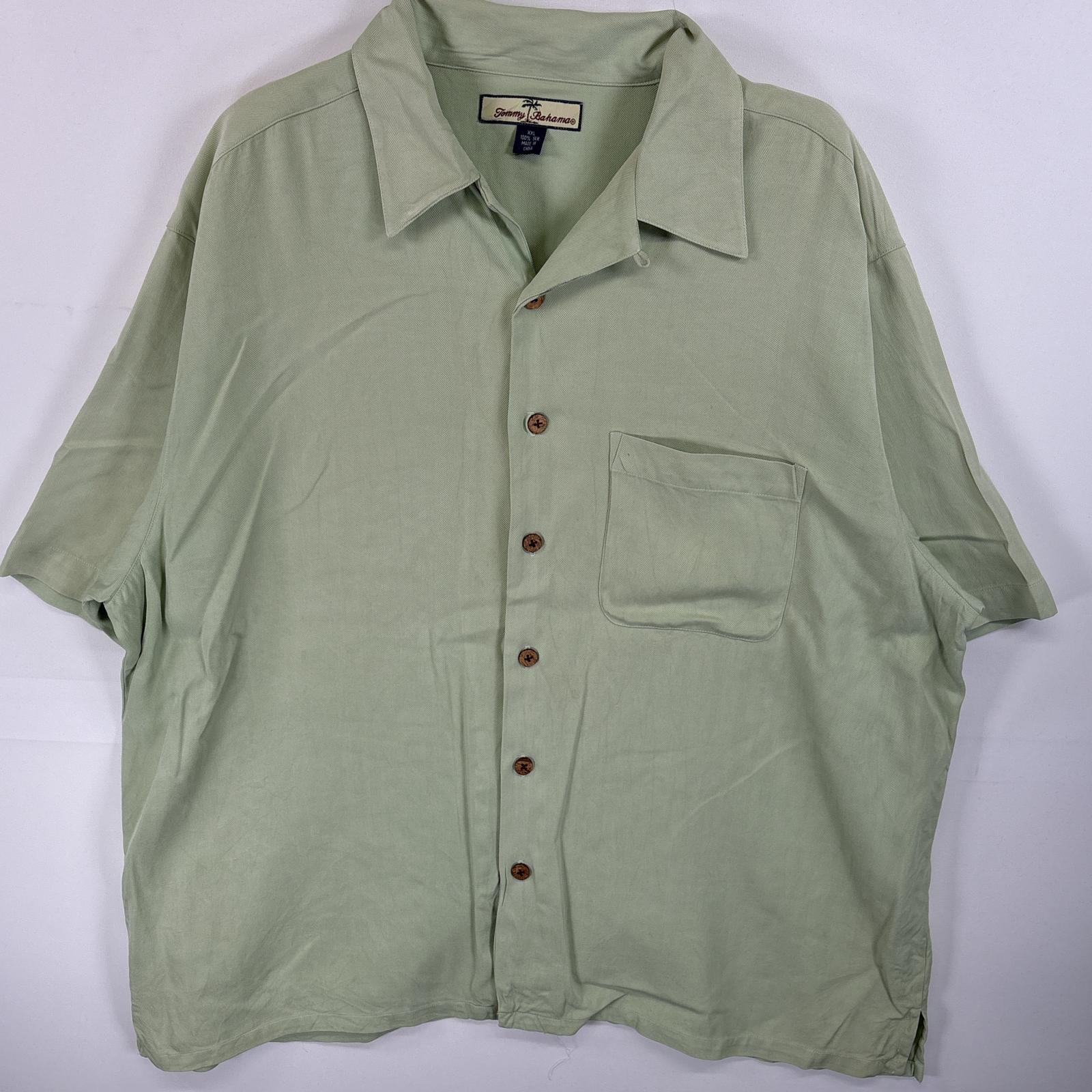 古着 トミーバハマ TOMMY BAHAMA 半袖シャツ シルクシャツ アロハシャツ バック刺繍 XXL グリーン系 無地 メンズ