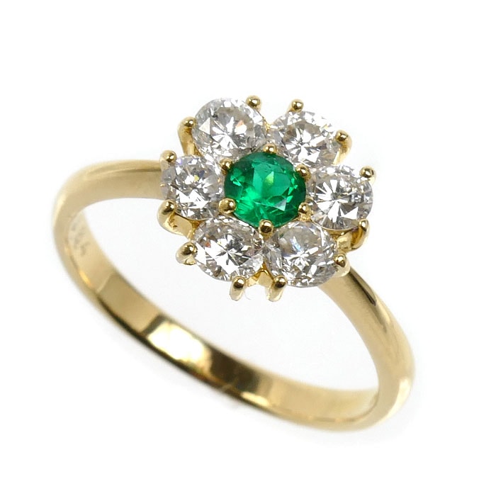 K18YG イエローゴールド リング・指輪 エメラルド0.17ct ダイヤモンド0.84ct 12.5号 2.7g レディース 中古