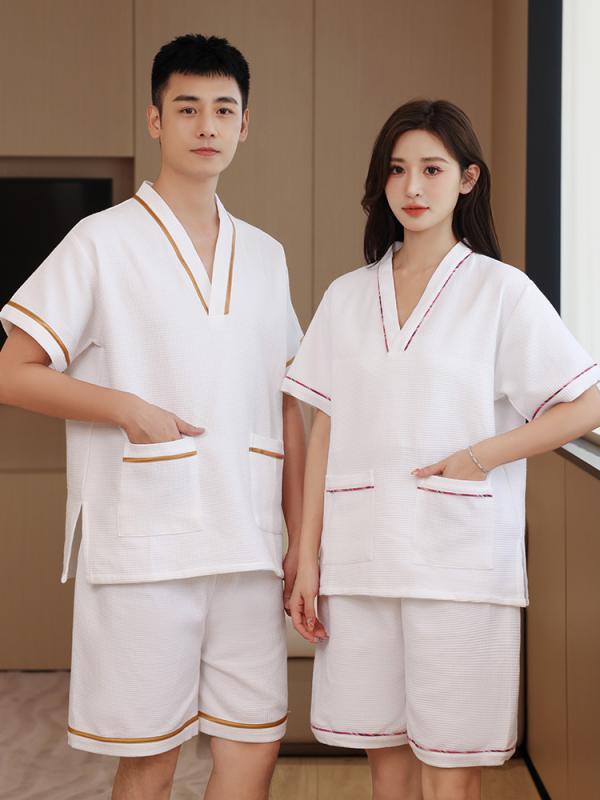 サウナ服 パジャマ ルームウェア メンズ レディース コットン 大きいサイズ マッサージ 入浴 シンプル スリット ホワイト ピンク ブルー