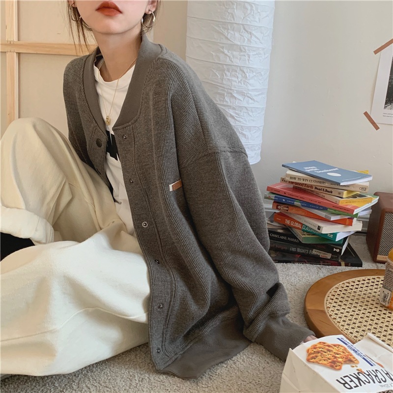 ウィンドベースボール ジャケット 2色 アウター ブルゾン ジャケット レディース 秋冬 春 かわいい きれいめ 個性的 暖かい ロング 長袖 萌袖 Vネック BIGシルエット ストレート Aライン