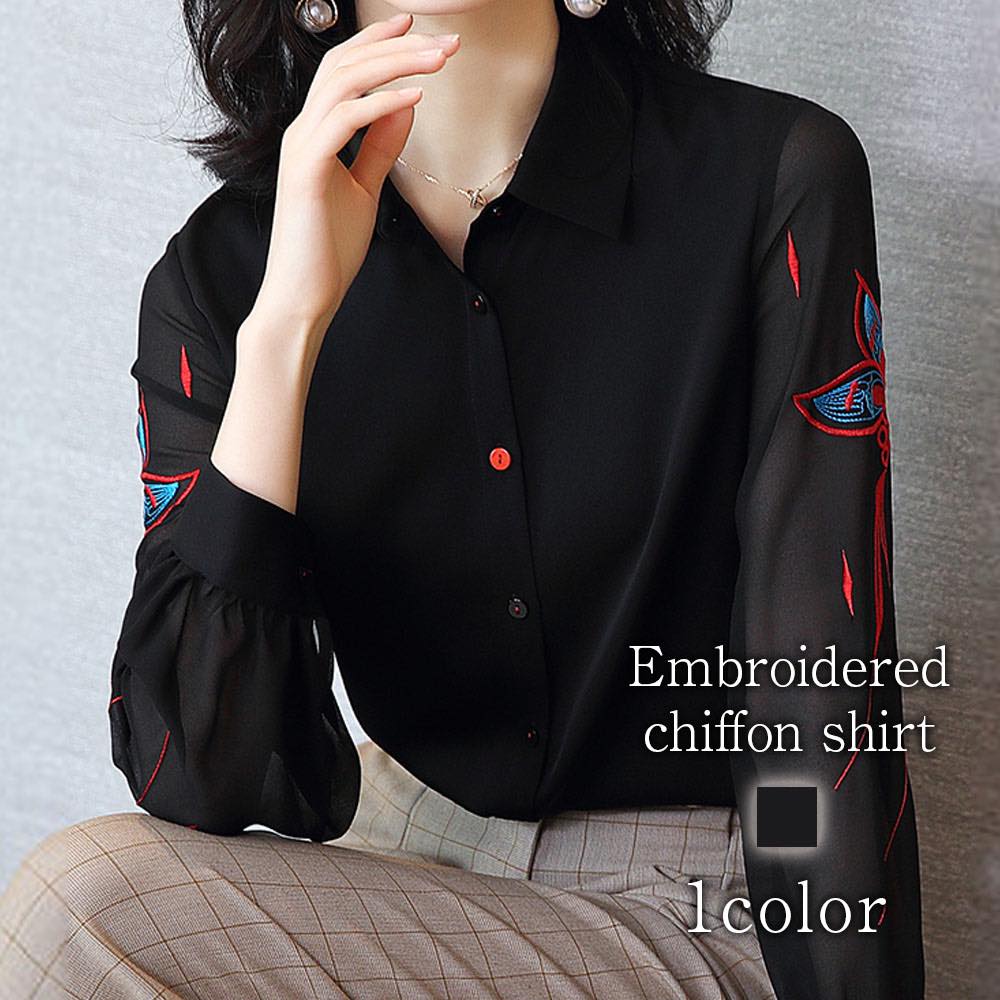 ブラウス レディース 刺繍シフォンシャツ フリル ブランド きれいめ スーツ ワンピース 長袖 カットソー 冬 Tシャツ ノーアイロン 事務服 高品質 オフィス レース 黒 おしゃれ ボウタイ 春 シ