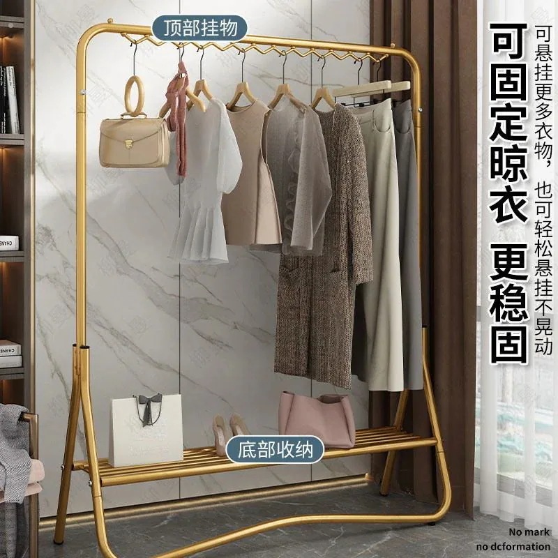 シンプルな物干しラック家庭用折りたたみ屋内床乾燥ラックバルコニー寝室吊り下げラックシングルロッドコートラック- ライトラグジュアリーゴールド 103cm 【推奨＋下部収納ネット】 ライトラグジュアリー