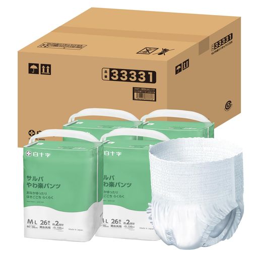 サルバ 白十字 パンツタイプ やわ楽 M~L 2回 26枚×4個 大人用紙おむつ【モレを防ぐ長めのフィットアップギャザー採用】【ケース販売】【AMAZON.CO.JP限定】
