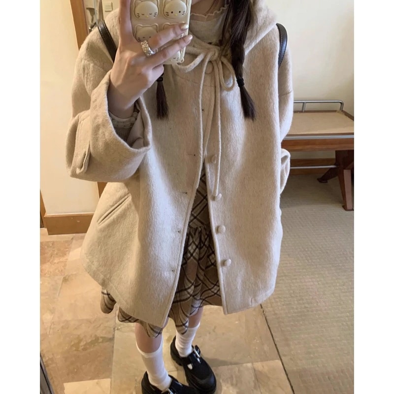 日恋島小麦米連帽系マント綾織オーバーリボンリボン保温潮