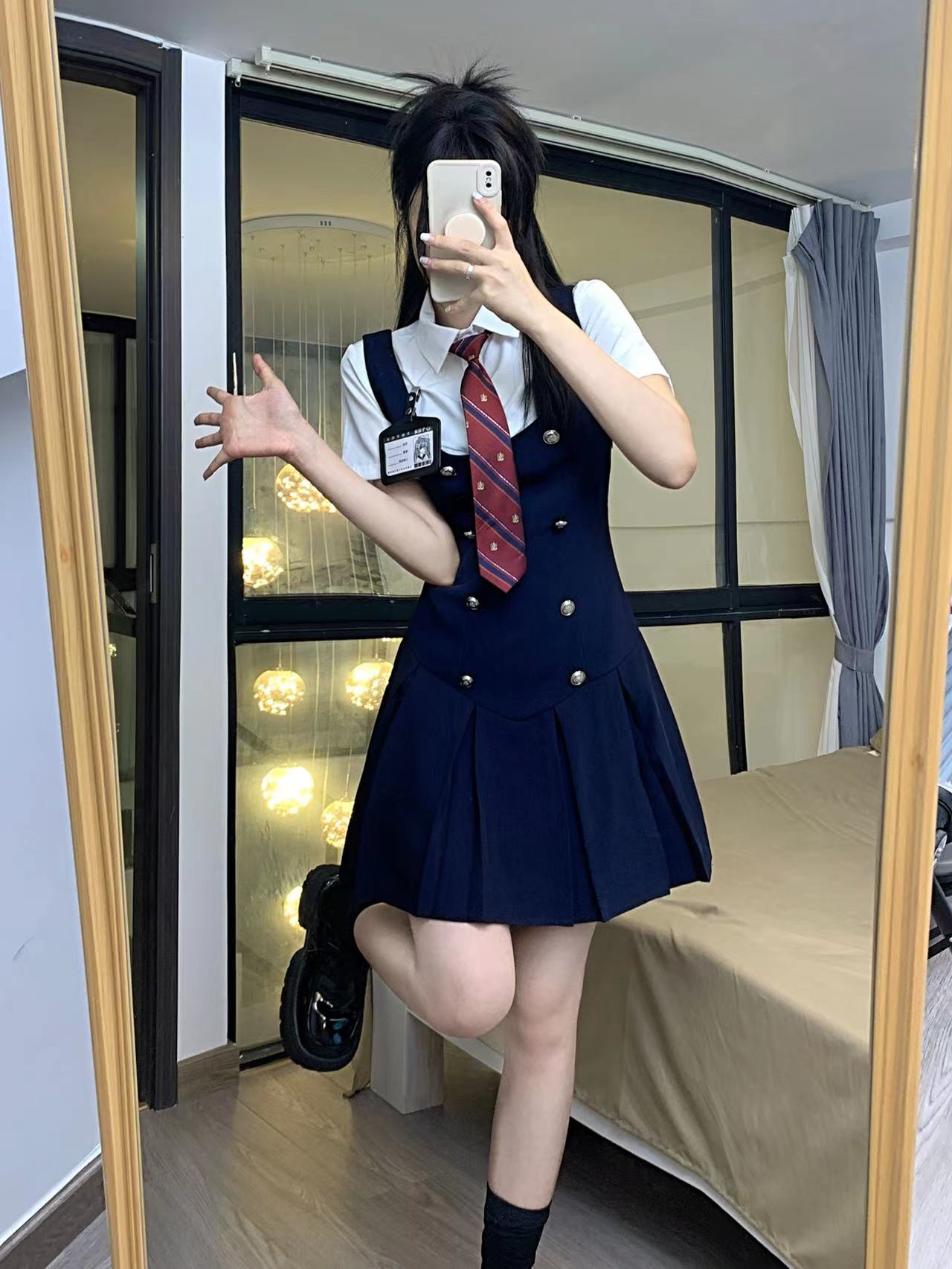 夏カレッジスタイルjk制服アメリカンウエスト痩身サスペンダードレス半袖シャツクラス制服ツーピーススーツ女性用