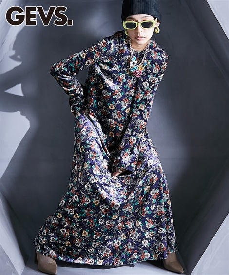 ロング・マキシ丈/半袖 フラワープリントベロアマキシワンピース GEVS. 大きいサイズ対応