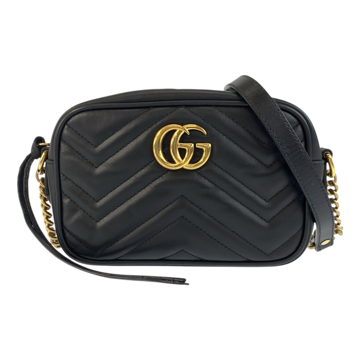 美品 GGマーモント ミニ カメラバッグ ブラック 黒 ゴールド金具 レザー 634785 ショルダーバッグ ポシェット レディース 503560