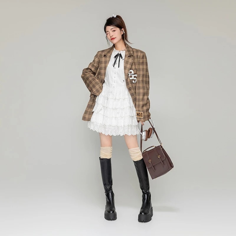 レイヤードレースホワイトケーキスカートドレス 秋韓国プレッピースタイルaライン初恋ベビードールドレス