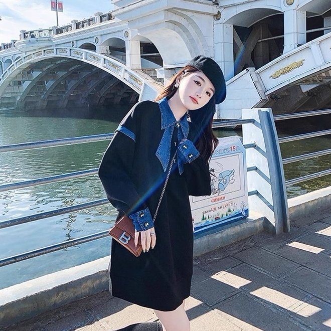 ワンピース レディース スカート ミニ丈 プルアーバー 襟付き 膝上 袖あり 長袖 デニム 切り返し トレーナー あったか ゆったり 女の子っぽい 普段使い きれいめ かわいい 大人女子
