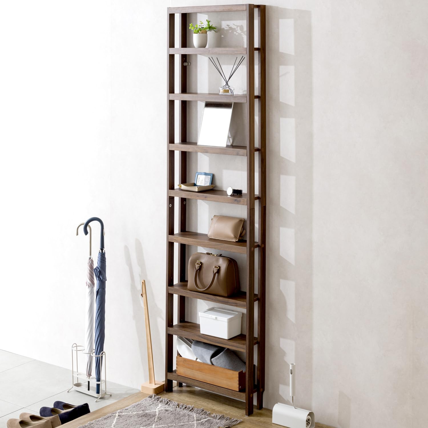 天井に突っ張らない薄型壁付けラック9段 50W BR ブラウン 幅51 × 奥行13 × 高さ190 cm TEH50-BR 壁面収納 書棚 本棚 スリム 省スペース 薄型本棚 壁面固定 9段 大容量