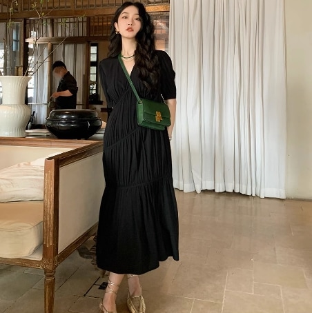 レディース ワンピース ロング 半袖 Vネック 切り替え ティアード タック ギャザー 楊柳 裏地付き かわいい 大人可愛い きれいめ カジュアル 上品 おしゃれ こなれ感 ガーリー 個性的