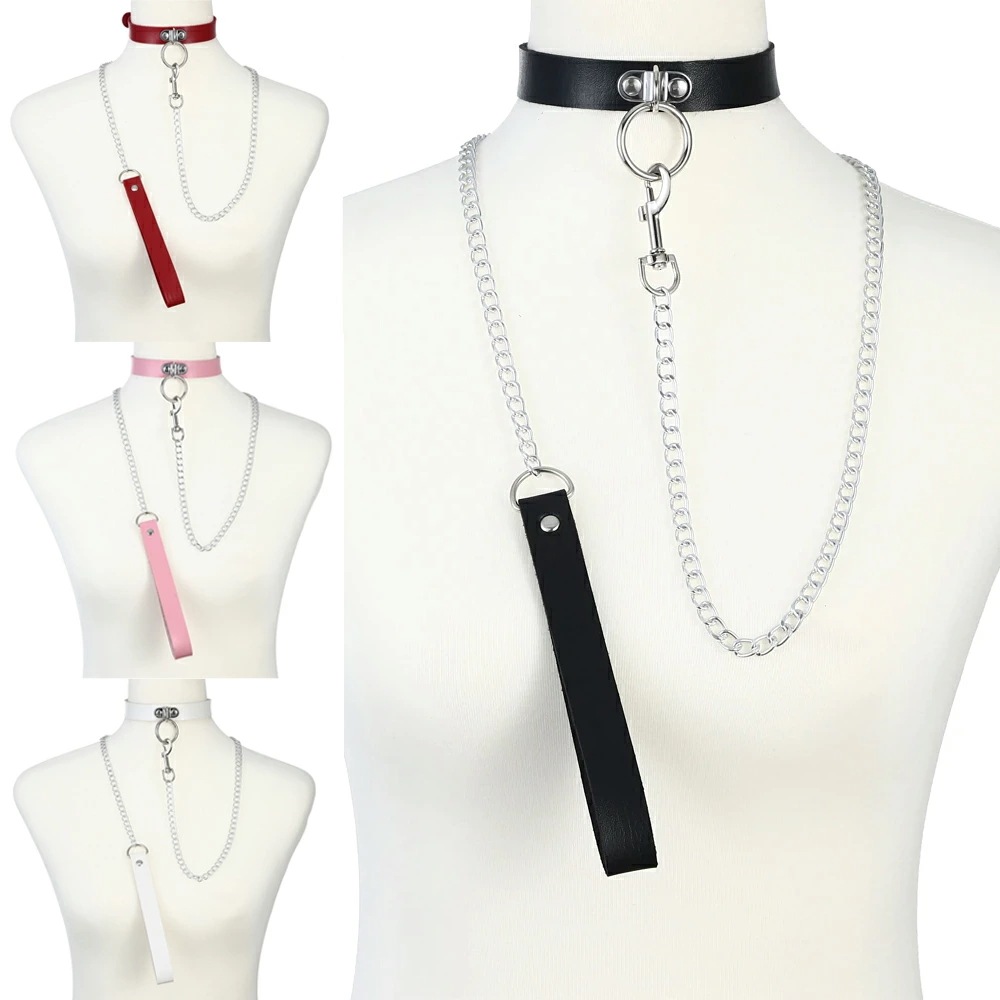 SM風レザービッグリングネックレス（リード付き）ボンデージ風 フェイクレザーチョーカー 首飾りアクセサリー 仮装 コスプレ 首に巻く 首輪 黒色 赤色 白色 ピンク ハロウィン アダルト mtr260