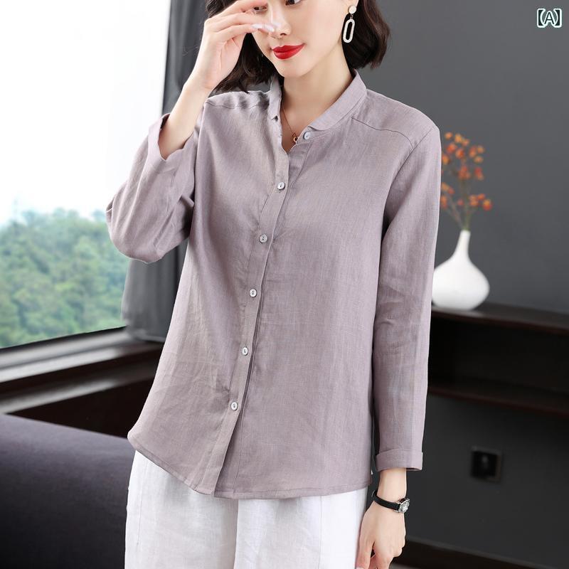 レディース　シャツ　トップス Kezofu 春秋 リネンシャツ レディース 綿 リネンの トップ 9 分 袖 無地 文学 シャツ