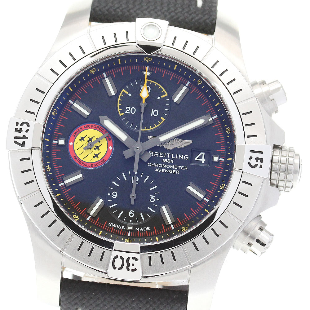 ブライトリング BREITLING A13317 アベンジャー クロノグラフ 45 スイスエアフォースチーム 自動巻き メンズ 美品 内箱・保証書付き_845026【中古】