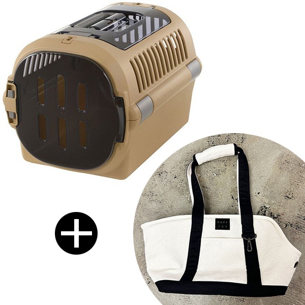 キャンピングキャリーファイン ダブルドア M ブラウン + PUFF pet carry canvas tote M P24002-15 ブラック ペットキャリー セット