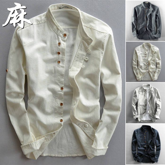 リネンシャツ長袖シャツスタンドカラースリムカジュアル綿麻春服夏服秋冬物トップスホワイト4色