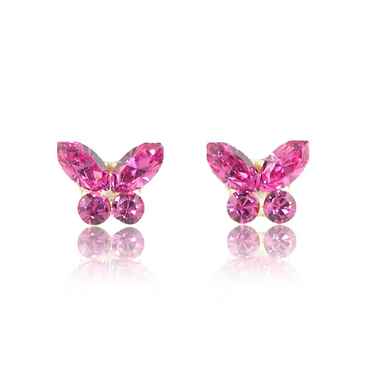 ピンク バタフライ ピアス 18金 18K K18 YG 蝶 スワロフスキー ゴールド イエローゴールド K18YG