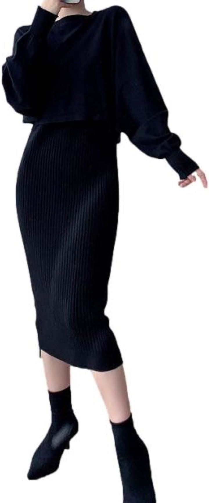 ワンピース ニット セットアップ レディース 膝下丈 ニットプルオーバー ドルマンスリーブ 丸首( ブラック, XL) 7,902円