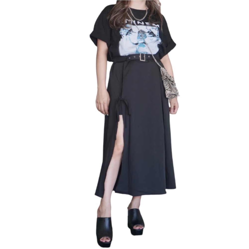 Slit Design Belted Flare Long Skirt (black) A,D,G レディース ボトムス