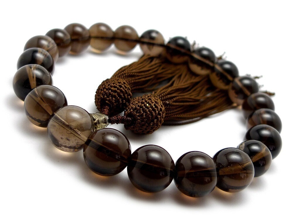 「職人仕立て」 男性用 数珠 14mm 茶水晶（スモーキークォーツ） 念珠 略式数珠 メンズ 仏具 神具 スモーキークオーツ 天然石 パワーストーン 人絹頭付房 葬式 葬儀 法事 ブラウン 茶色