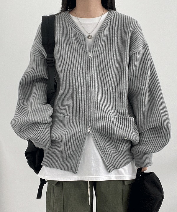 [ビッグサイズ] 男女共用 ツーウェイ リブ ボックス ニット ジップアップ(5color)