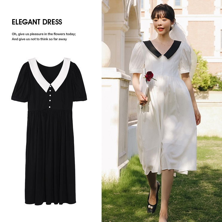 【日本未発売/送料無料】マタニティ ワンピース Vネック 襟付き ボリュームスリーブ 半袖