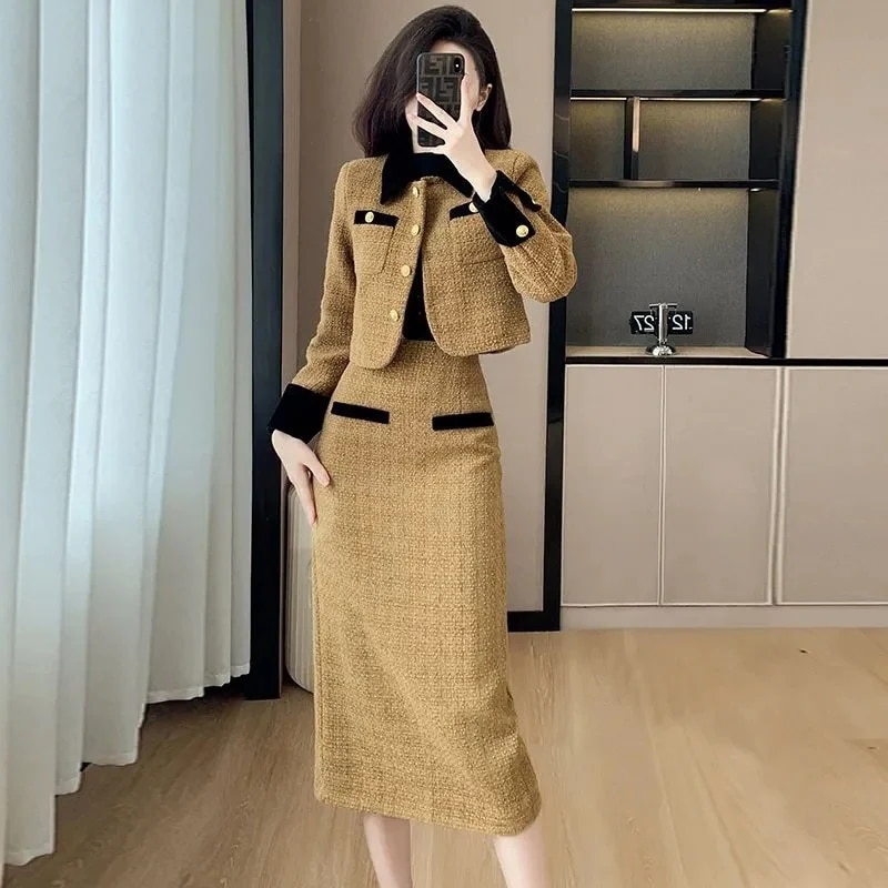 ハイエンドのカスタマイズ-ファッショナブルな 2025 秋と冬の女性のフレンチツイード小さなフレグランススタイル痩身スカートツーピーススーツ