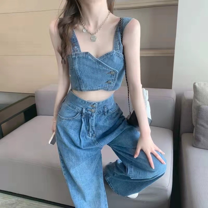 腹だしトップス デニムセットアップ デニム上下セット デニム 腹だし 肌見せ セクシー 韓国 レディース オルチャン ツーピース タンクトップ パンツ ミニ丈 ミニ ショート ショート丈 袖なし
